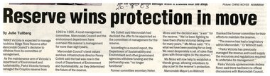 Newspaper, Article 'Reserve wins protection in move', by Julie Tullberg, 26 August 2003, paper unknown