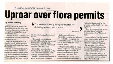Newspaper, Article 'Uproar over flora permits' by Travis Parnaby, Maroondah Leader, 7 December 2004