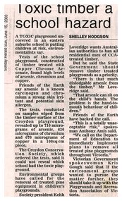 Newspaper, Article 'Toxic timber a school hazard' by Shelley Hodgson, Sunday Herald Sun, 15 June 2003