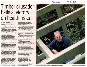 Newspaper, Article 'Timber crusader hails a 'victory' on heath risks' by Julie Tullberg, Leader, 5 August 2003