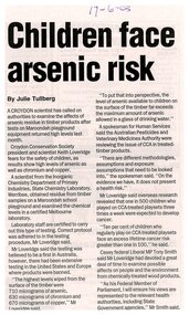 Newspaper, Article 'Children face arsenic risk' by Julie Tullberg, paper unknown, 17 June 2003