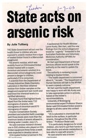 Newspaper, Article 'State acts on arsenic risk by Julie Tullberg, Leader, 1 July 2003