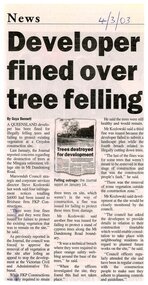 Newspaper, Article 'Developer fined over tree felling' by Goya Bennett, News, 4 March 2003