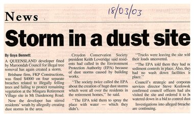 Newspaper, Article 'Storm in a dust site' by Goya Bennett, News, 18 March 2003