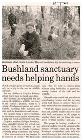 Newspaper, Article 'Bushland sanctuary needs helping hands', author and paper unknown, 18 September 2001