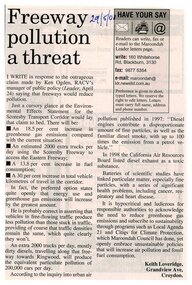 Newspaper, Opinion piece 'Freeway pollution threat', by Keith Loveridge, 29 May 2001