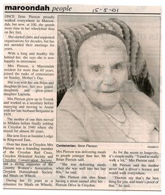 Newspaper, Maroondah people article about Croydon Conservation Society founding member Ilene Pierson turning 100, 15 May 2001