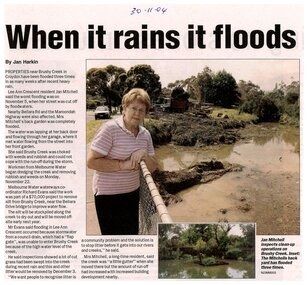 Newspaper, Article 'When it rains it floods', by Jan Harkin, 30 November 2004