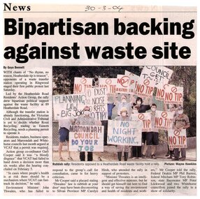 Newspaper, Article 'Bipartisan backing against waste site' by Boya Bennett, News, 30 March 2004