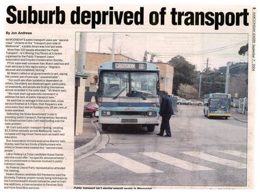 Newspaper, Article 'Suburb deprived of transport', by Jon Andrews in Maroondah Leader, 7 September 2004