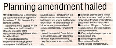 Newspaper, Article 'Planning amendment hailed' paper, date and author unknown