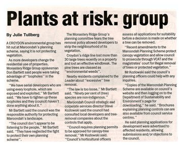 Newspaper, Article 'Plants at risk group'  by Julie Tullberg, paper and date unknown