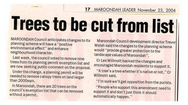 Newspaper, Article 'Trees to be cut from list', Maroondah Leader, 23 November 2004