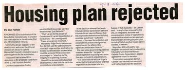 Newspaper, Article 'Housing plan rejected' by Jan Harkin, 9 March 2004, paper unknown