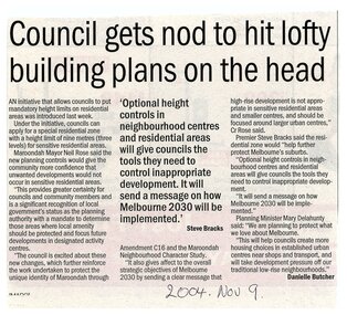 Newspaper, Article 'Council gets nod to hit lofty building plans on the head' by Danielle Butcher, 9 Nov 2004, paper unknown