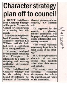 Newspaper, Newspaper article 'Character strategy plan off to council', 6 April 2004, paper and author unknown