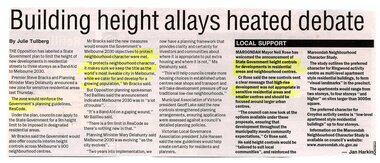 Newspaper, Articles 'Building heights allays heated debate' by Julie Tullberg & 'Local support' by Jan Harkin, paper and date unknown