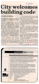 Newspaper, Article 'City welcomes building code' by Salena Brunsdon, 5 June 2001, paper unknown