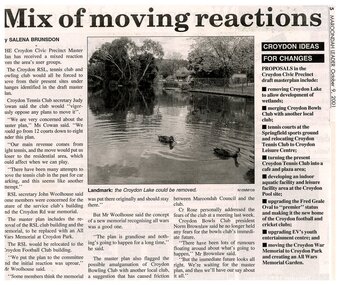 Newspaper, Article 'Mix of moving reactions', by Salena Brunsdon, Maroondah Leader, 9 October 2001