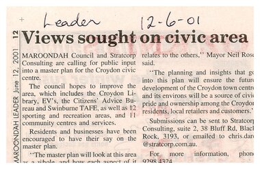 Newspaper, Newspaper article 'Views sought on civic area', Maroondah Leader, 12 June 2001, author unknown