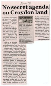 Newspaper, Article 'No secret agenda on Croydon land', by Neil Rose, Maroondah Mayor, 13 November 2001, paper unknown
