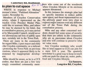Newspaper, Article 'No plan to cut space' by Liz Sanzaro, 20 November 2001, paper unknown