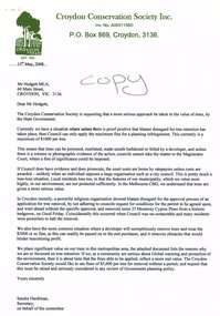Letter, Letter from the Croydon Conservation Society to Mr Hodgett, MLA, requesting State Government to take more serious approach to trees, 15 May 2008
