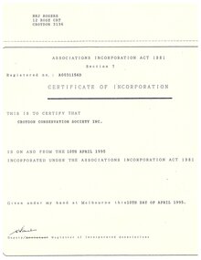 Administrative record, Croydon Conservation Society Certificate of Incorporation, 10 April 1995