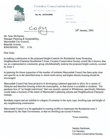 Letter, To Maroondah City Council from Croydon Conservation Society in support of height restrictions in residential zone 3 dated 29 January 2005