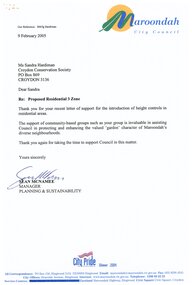 Letter, Response letter from Maroondah City Council to Croydon Conservation Society re its support of height restrictions in zone 3, 9 Feb 2005