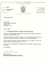 Letter, Letter from City of Croydon advising changes to the revised Croydon Planning Scheme referred to Department of Planning, 15 December 1992