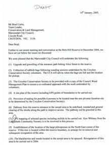 Letter, Draft to Maroondah City Council documenting issues and actions to be taken regarding Birts Hill, Croydon, 14 January 2005