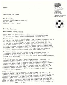 Letter, From Ministry of Planning and Environment, 19 September 1989, re submission on dual occupancy and multi storey development in Croydon