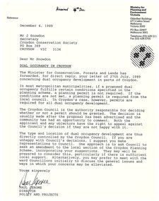 Letter, Response from Ministry of Planning & Environment, 4 December 1989, re dual occupancies requiring planning permit in Croydon