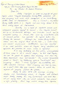 Letter, Handwritten response from Croydon Conservation Society to Department of Planning & Urban Growth re  dual occupancy report, date December 1990?