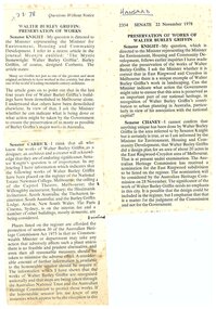 Administrative record, Hansard record 2354 Senate 22 November 1978, referring to the consideration of preservation of Walter Burley Griffin site in East Ringwood - Croydon