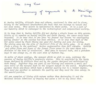 Document, The Long View, a summary of arguments to the Australian Heritage Commission for preservation of Walter Burley Griffin design East Ringwood - author and date unknown