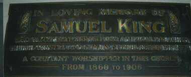 Photograph - Memorial plaque to Samuel Grey King (1831-1906) in former Wesleyan Church, Sydney Road, Brunswick, Undated