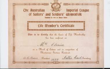 Photograph - Colour copy print of Life Member's Certificate for The Australian Imperial League of Sailors' and Soldiers' Womenfolk awarded to Mrs Clencie