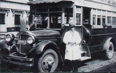Photograph - Black and white copy print of Frank Wagland of Park St., Brunswick standing in front of his first bus route (3d)