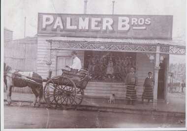 Photograph - Palmer Bros [Albert and Victor] Butchers on corner of Weston and Lygon Streets with young apprentices