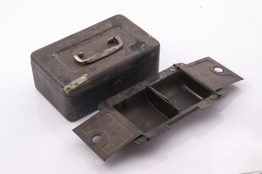 Burnt cash box from FCV Macedon Office after 1983 Ash Wednesday Bushfires