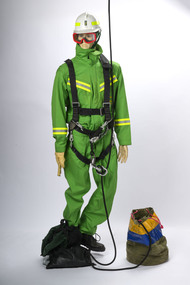 Rappel model with protective equipment, harness and rope drop bag