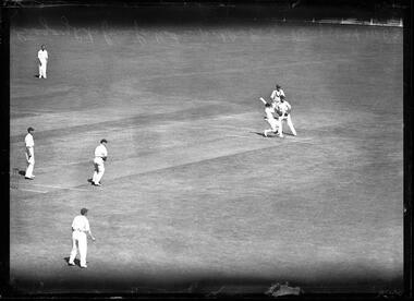 Photograph, Bull, Hugh Jones, 1897-1993, Gregory hits for four for Vict in match v Eng at MCG Nov 1936