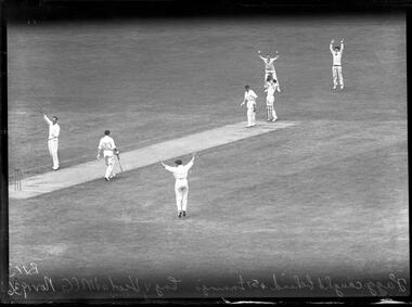 Photograph, Bull, Hugh Jones, 1897-1993, Fagg caught behind 1ST Innings. Eng v Vict at MCG Nov 1936