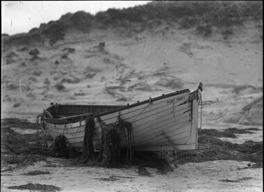 Photograph, Bull, Hugh Jones, 1897-1993, Life boat from SS Coramba Port Fairy, wrecked near Phillip Island