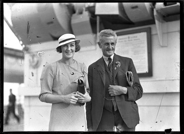 Photograph, Bull, Hugh Jones, 1897-1993, Miss Joan Hartigan and Mr Harley Malcolm embark on the RMS Orford for Wimbledon