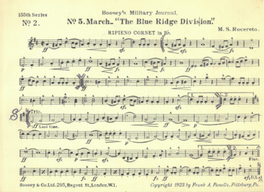 March Card, Rocereto, M.S. (Composer), No 5 MARCH "THE BLUE RIDGE DIVISION", Composed: 1923