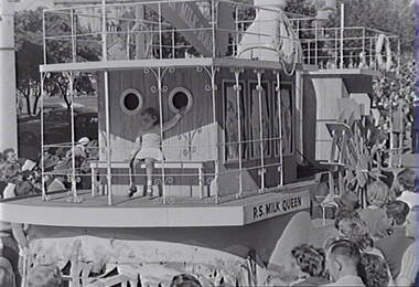 Negative - Bendigo Easter Fair 1963 - Float - PS Milk Queen, Allan Doney, 1950 -1970