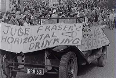Negative - Bendigo Easter Fair 1960 - Float - Liquor Reform, Allan Doney, 1950 -1970